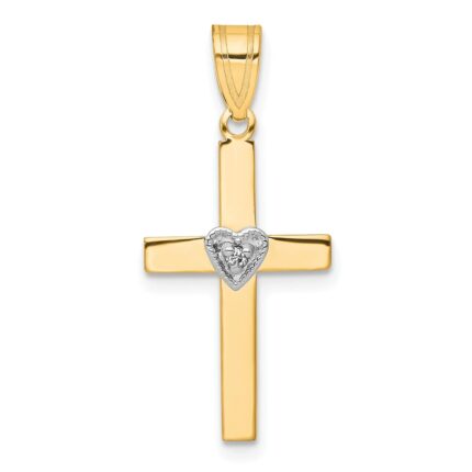 14k Two-Tone Diamond Heart Cross Pendant