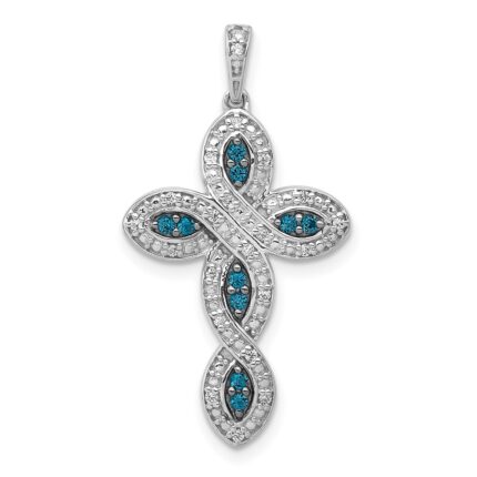 14k White Gold 1/5 carat White and Blue Diamond Cross Pendant