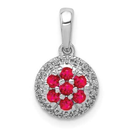 14k White Gold Diamond and .28 Ruby Cluster Halo Pendant