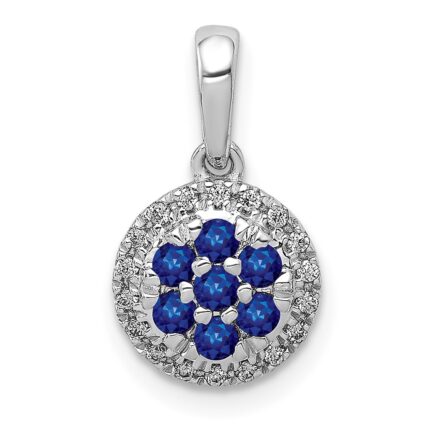 14k White Gold Diamond and Sapphire Cluster Halo Pendant