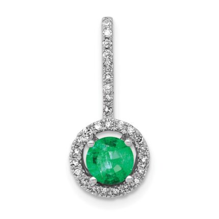 14k White Gold Diamond and Round Emerald Halo Pendant Fits up to 2mm Regular/4mm Fancy or Reversible Omega