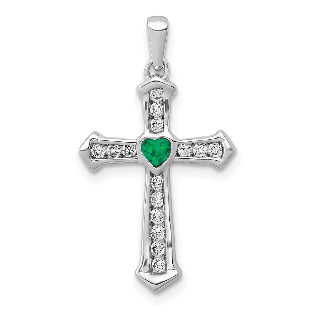 PM5272-EM-020-WA.jpg 14k White Gold 1/5 carat Lab Grown Diamond VS/SI+ G+ and Lab Created Emerald Complete Cross Pendant - Image 1