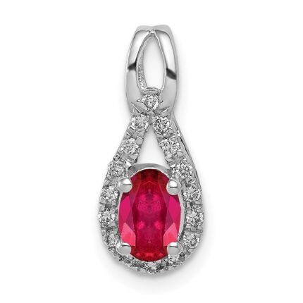 14k White Gold Diamond and .50 Oval Ruby Teardrop Halo Pendant