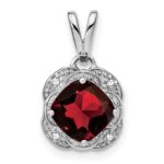 14k White Gold 7mm Cushion Garnet and Diamond Pendant