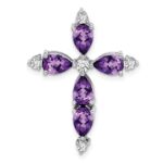 14k White Gold 6x4mm Pear Amethyst and Diamond Cross Chain Slide