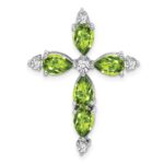14k White Gold 6x4mm Pear Peridot and Diamond Cross Chain Slide