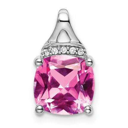 14k White Gold Cushion Lab Created Pink Sapphire and Diamond Pendant