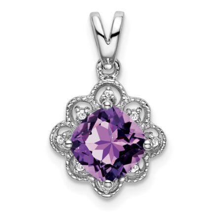 14k White Gold 7mm Cushion Amethyst and Diamond Scalloped Pendant