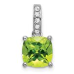 14k White Gold 8mm Cushion Peridot and Diamond Pendant
