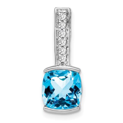 14k White Gold 8mm Cushion Blue Topaz and Diamond Chain Slide