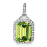 14k White Gold 9x7mm Emerald-cut Peridot and Diamond Halo Pendant