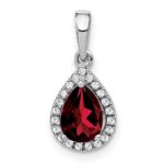 14k White Gold 7x5mm Pear Garnet and Diamond Halo Pendant