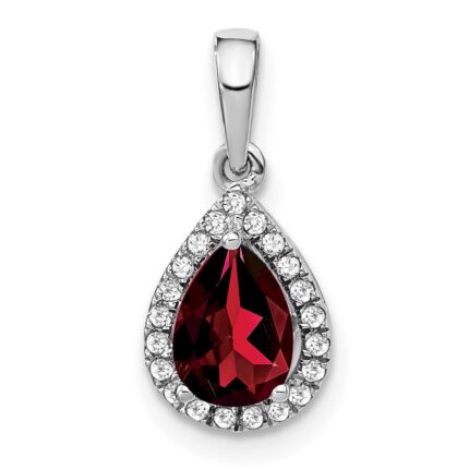 14k White Gold 7x5mm Pear Garnet and Diamond Halo Pendant