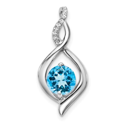14k White Gold 6.5mm Round Blue Topaz and Diamond Fancy Pendant