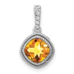 14k White Gold 6mm Cushion Citrine and Diamond Pendant