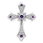 14k White Gold Round Amethyst and Diamond Fleur de Lis Cross Chain Slide