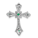 10K White Gold Emerald and Diamond Fleur de Lis Cross Chain Slide - Image 3
