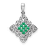 14k White Gold Emerald Cluster and Diamond Vintage Pendant