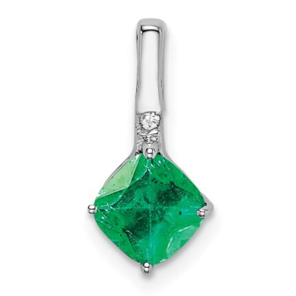 14k White Gold Cushion Emerald and Diamond Pendant