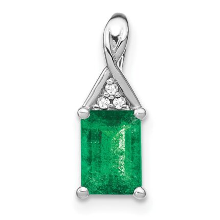 14k White Gold Rectangle Emerald and Diamond Pendant