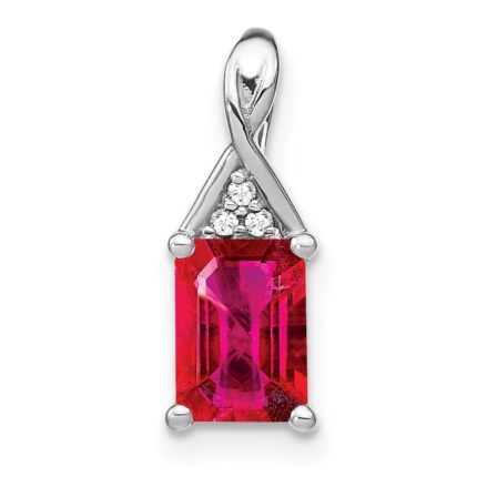14k White Gold Emerald-shape Ruby and Diamond Pendant