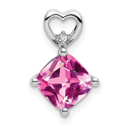 14k White Gold 7mm Cushion October/Lab Created Pink Sapphire and Diamond Heart Chain Slide