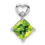 14k White Gold 7mm Cushion August/Peridot and Diamond Heart Chain Slide