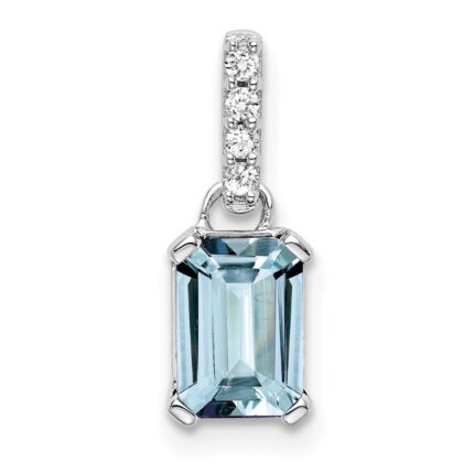 14k White Gold 7x5 Emerald-cut March/Aquamarine and Diamond Pendant