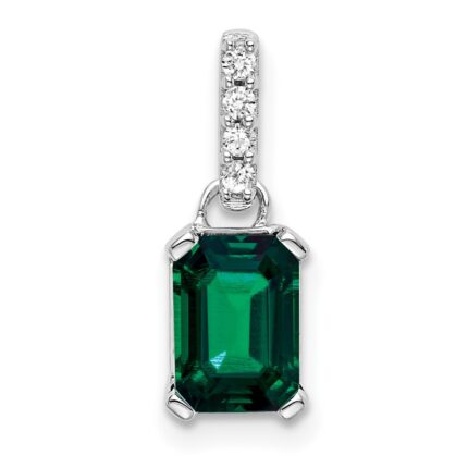 14k White Gold 7x5 Emerald-cut May/Lab Created Emerald and Diamond Pendant