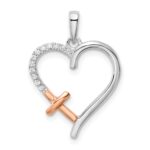 14k Two-tone White and Rose Heart with Cross 1/20 carat Diamond Pendant