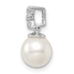 14k White Gold 7-8mm Round White Freshwater Cultured Pearl and Diamond Chain Slide - Image 2