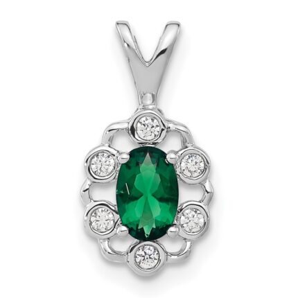 14k White Gold 1/10 carat Lab Grown Diamond VS/SI+ G+ and Lab Created Emerald Pendant