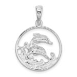 De-Ani Sterling Silver Rhodium-Plated Polished Dolphins Swimming Oval Pendant - Image 3