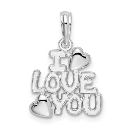 De-Ani Sterling Silver Rhodium-plated Polished I LOVE YOU with Hearts Pendant