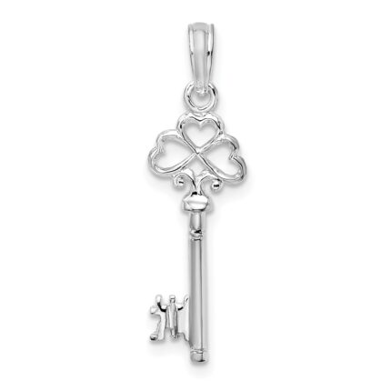 De-Ani Sterling Silver Rhodium-Plated Polished 3D Key with Hearts Top Pendant