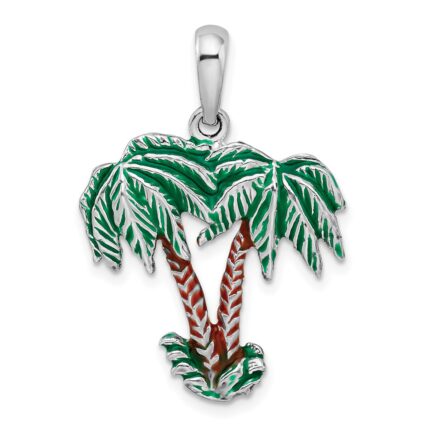De-Ani Sterling Silver Rhodium-Plated Polished Enameled Palm Trees Pendant