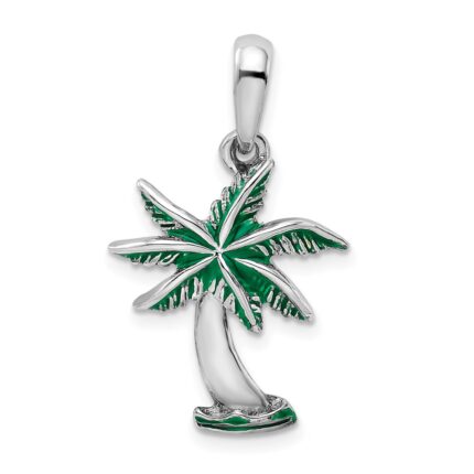 De-Ani Sterling Silver Rhodium-Plated Polished Enameled Palm Tree Pendant