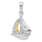 De-Ani Sterling Silver Rhodium-Plated Polished 3D Sailboat with 14k Sail Pendant - Image 4