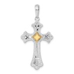 De-Ani Sterling Silver Rhodium-Plated Diamond-Cut Fleur de Lis Cross with 14k Accent Pendant