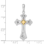De-Ani Sterling Silver Rhodium-Plated Diamond-Cut Fleur de Lis Cross with 14k Accent Pendant - Image 3