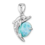 Sterling Silver Rhodium-plated Polished Filigree Dolphin Larimar Pendant - Image 5