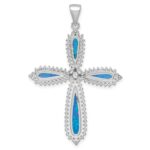 Sterling Silver RH-plated Blue Created Opal & CZ Border Cross Pendant - Image 4