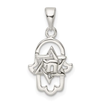 Sterling Silver Polished Chai in Star of David Hamsa Pendant