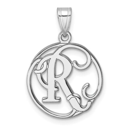 Small Sterling Silver Rhodium-plated Fancy Script Letter R Initial Pendant