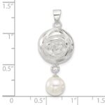 Sterling Silver Polished Textured Domed Flower with Dangle Pearl Pendant - Image 4