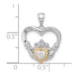 Sterling Silver w/ 14k accent Rhodium-plated CZ Heart Claddagh Pendant - Image 4
