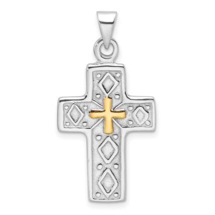 Sterling Silver Rhodium-plated and Gold-tone Reversible Cross Pendant