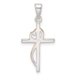 Sterling Silver Rose-tone Polished CZ Heart Cross Pendant - Image 3