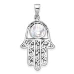 Sterling Silver Rhodium-Plated Polished Mother of Pearl Hamsa Pendant