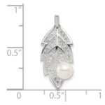 Sterling Silver Polished CZ and Acrylic Pearl on Leaf Chain Slide Pendant - Image 4